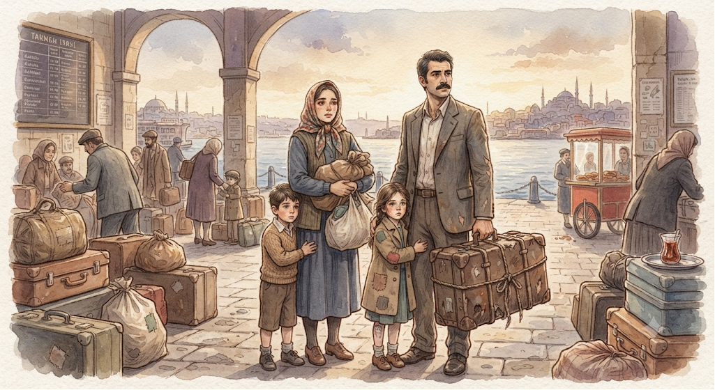 Familie mit Gepäck am Bosporus, Istanbul im Hintergrund