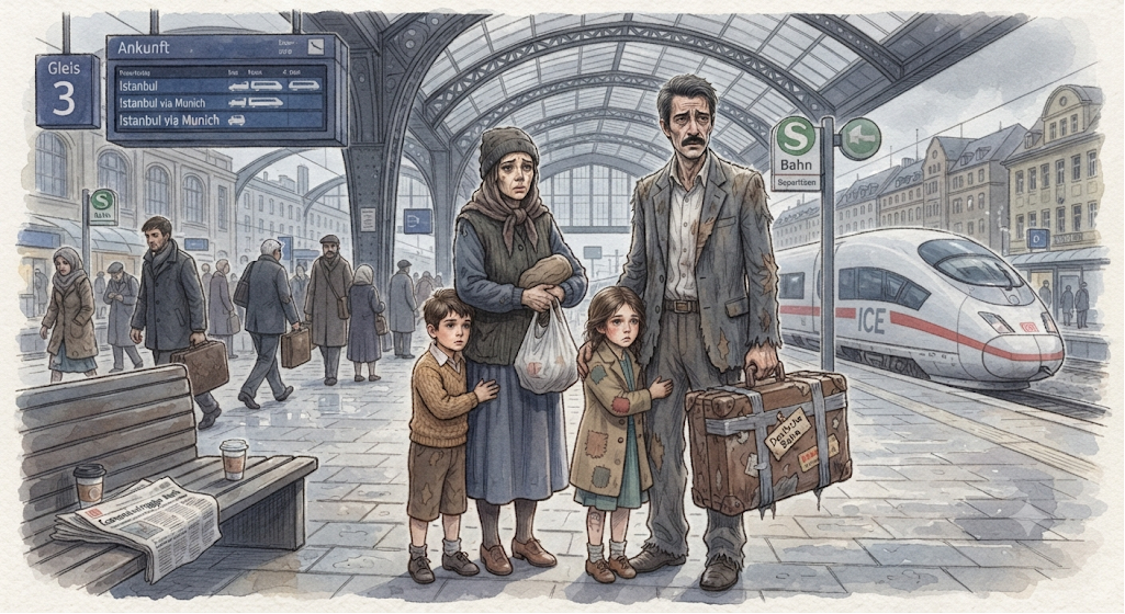 Familie mit Gepäck am Bahnhof, Zug nach Istanbul